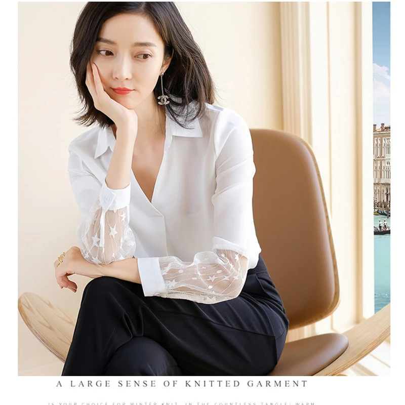 Nuevo 2019 primavera verano Mujer señora Formal fiesta manga larga Delgado V blusa elegante malla patchwork negro blanco camisa|Blusas y camisas| -