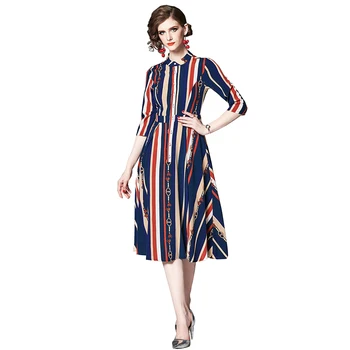 

Spring New Woman Striped Dress Stand Collar Ladies Party Dress Vintage Slim A-line Woman Summer Dress 3XL Big Size Dress Woman
