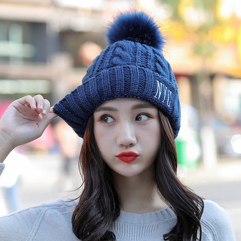 Корейская версия нового зимнего теплая шляпа, одноцветная керлинг шерстяная шапка, большой шерстяной шар согревающий вязаный колпачок