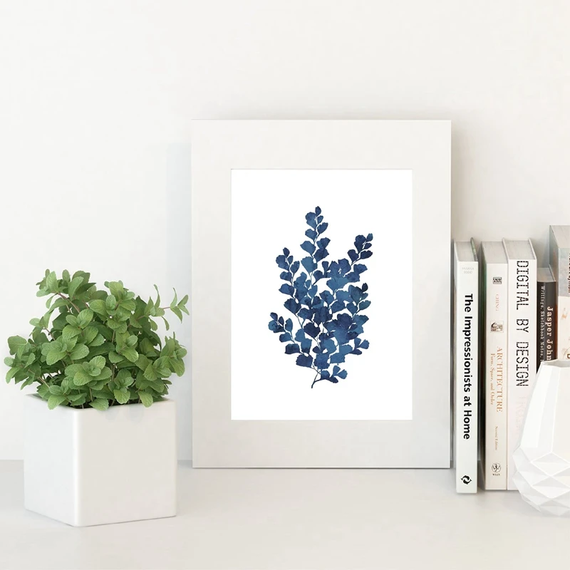 Watercolor Ink Blue Indigo Fern Leaf Prints Wall Decor