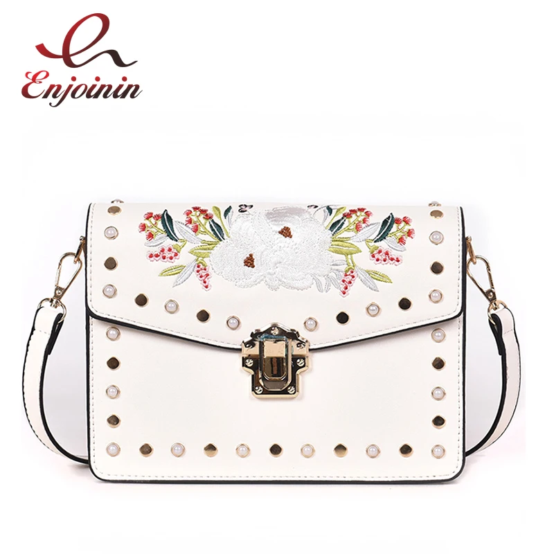 

New Arrival Black & White Embroidered Flower Studded Fashion Women's Tote Bag Price List Casual Crossbody Messenger Bag Bolsa