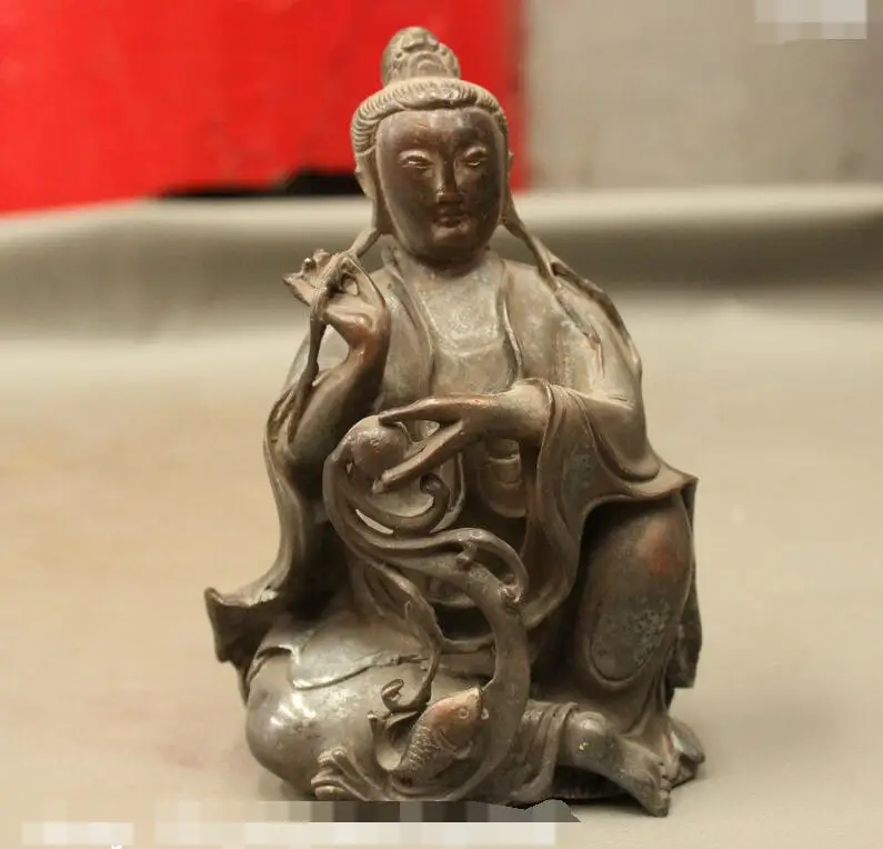 

S06711 6 Collect China Buddhist Pure Bronze GuanYin Kwan-yin Goddess Buddha Fish Statue