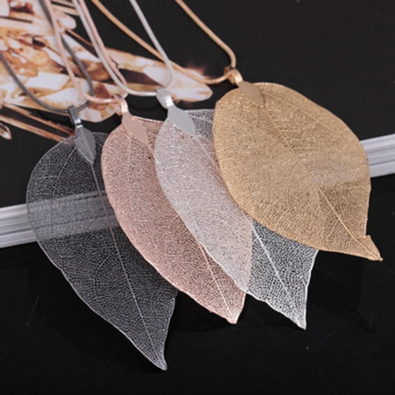

Women Fashion Unique Necklace Jewelry Charm Black Gold Leaves Real Nature Leaf Pendant Long Sweater Statement Necklace