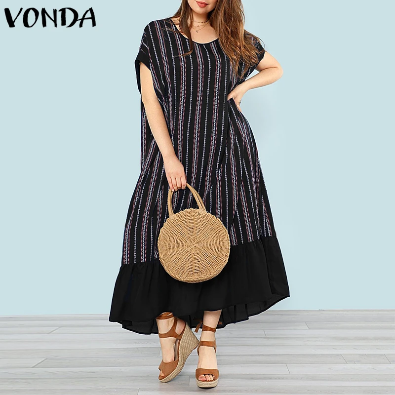 Striped Dress 2018 Summer Women Vintage Loose Maxi Long Dresses Female O Neck Batwing Sleeve Patchwork Plus Size Vestidos Dresses