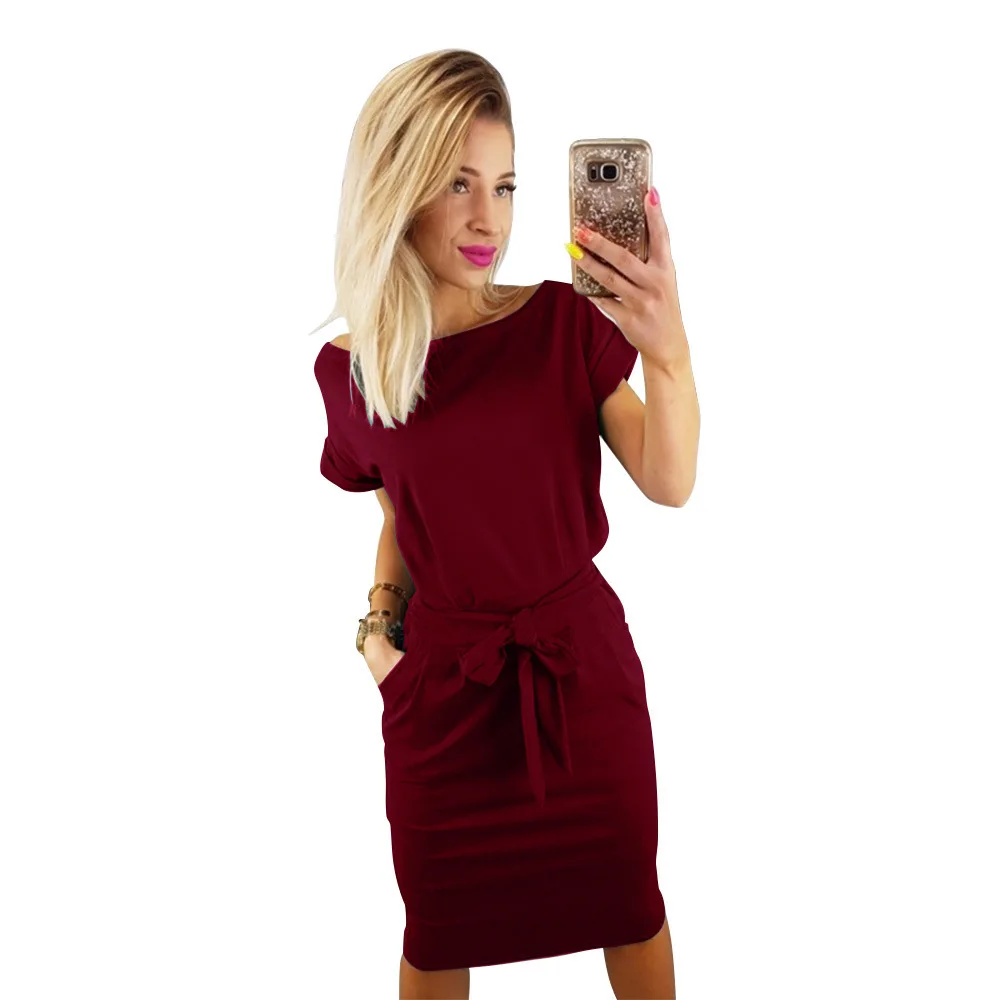 

Women Slim Fit Sexy Dress Summer Streetwear Casual Dress With Sashes Solid Office Dresses Pockets Elegant Vestidos Mujer 2019