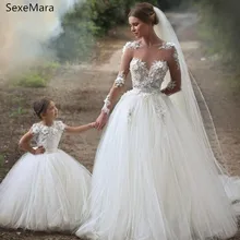 Белые платья цвета слоновой кости для девочек на день рождения, кружевное Пышное фатиновое платье с аппликацией для мамы и дочки, платье с цветочным узором для девочек на свадьбу, пышное платье для девочек
