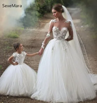 

White Ivory Girls Dresses for Birthday Lace Applique Puffy Tulle Mother Daughter Flower Girl Dress for Wedding Girl Pageant Gown