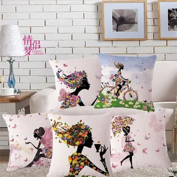 

Car-covers Beautiful Flower Butterfly Girl Cushion Cover 45*45cm Cotton Linen Wedding Decor Throw Pillowcase 1 Side Print Cojine