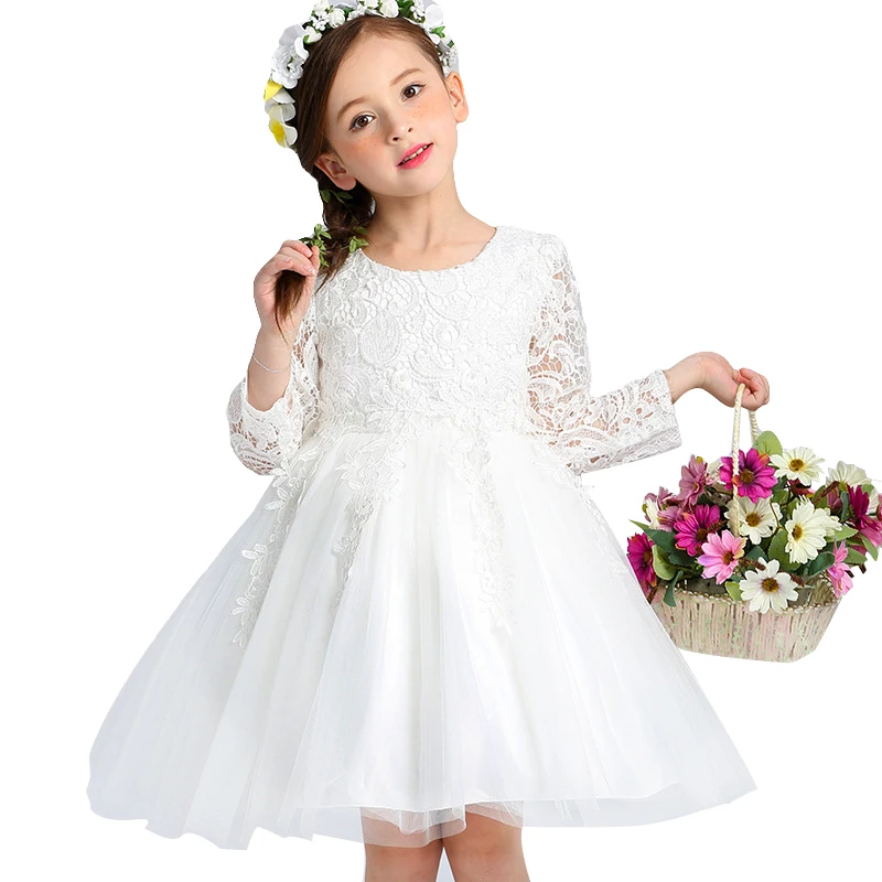 

White Children Baby Girl Clothes Knee-Length Costume Dress Spring and Autumn Party Princess Dress flower tutu Wedding Custumes