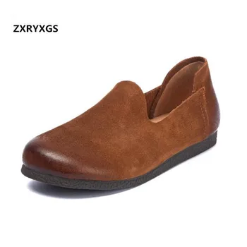

2019 New Spring Retro Full Genuine Leather Shoes Woman Shoes Soft Sole Comfort Loafers Shoes Flat Shoes