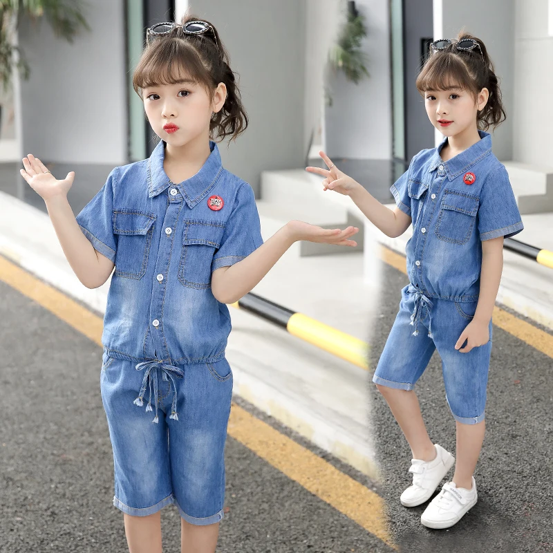 

2019 Children Girls Clothing Denim Shirts with Blue Jeans 2pcs Sets School for Girls Clothes Sets 6 8 10 11 12 14 Years Dx03232