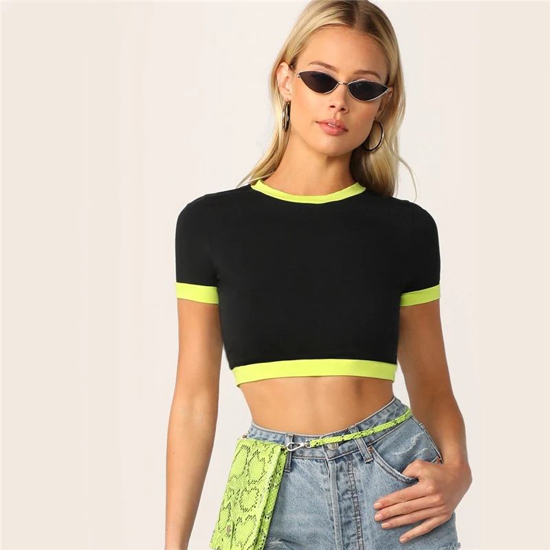 SweatyRocks Neon Ringer, цветной укороченный топ, женские сексуальные черные футболки с коротким рукавом, летняя уличная одежда, топ, женские футболки