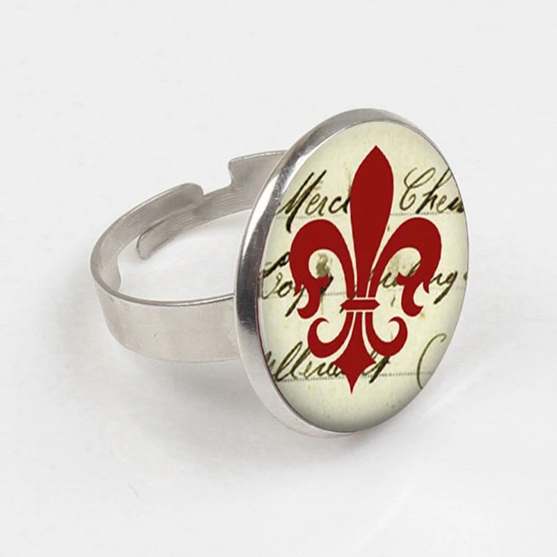 

2019/Charm Fleur de Lis ring Red Flower Symbol ring Art Picture Glass ring Gift for her.
