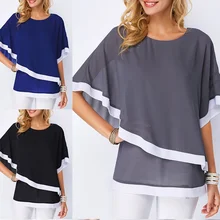 Summer Short Sleeve Chiffon Blouses Casual Batwing O Neck Shirts Women Patchwork Blouse Tops chiffon patchwork short sleeve blouse