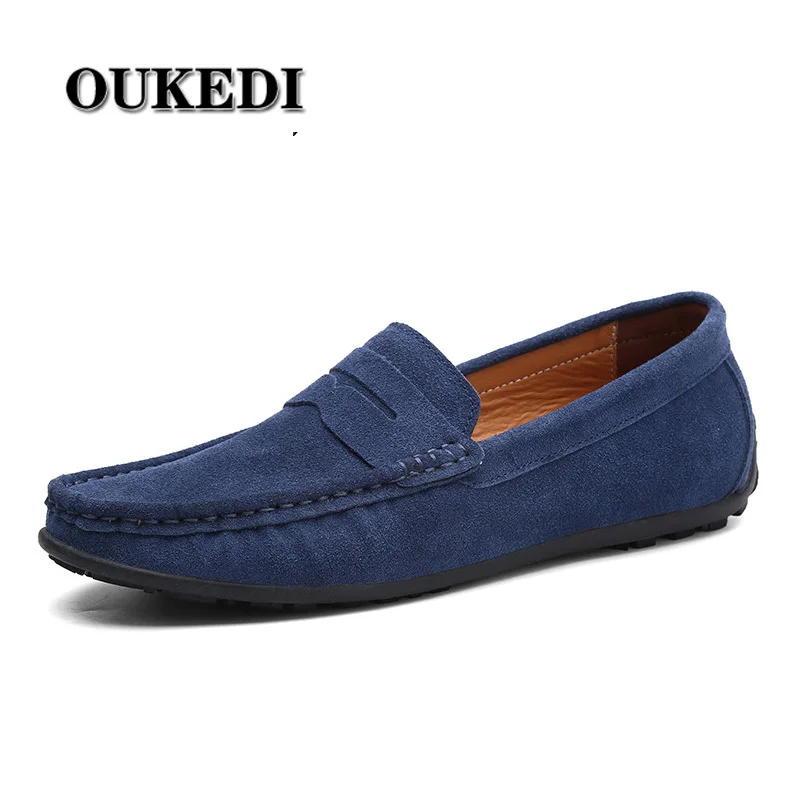 

New Design Men Casual Suede Leather Loafers Blue Solid Leather Driving Moccasins Gommino Slip On Loafers Men Loafer Big Size