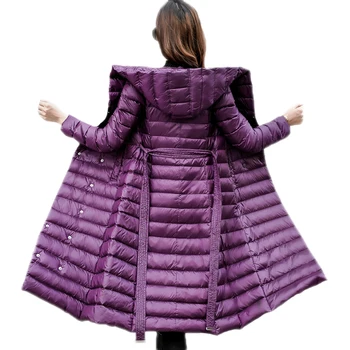 

2019 Women Winter Slim Long White Duck Down Coats Jacket Female Sashes Hooded Overcoat Light Warm Belt Parkas Plus Size 3XL Q172