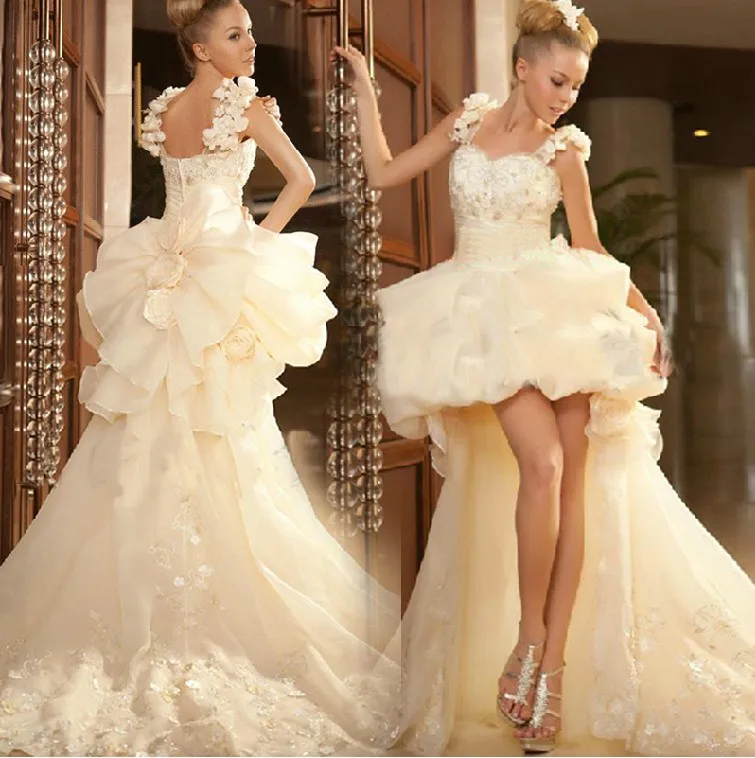 

Vestiods Elegant Straps Flowers High Low Long Champagne/White Hi-low Wedding Gowns Short Front Long Back Bridal Dresses