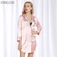 Весенняя женская шелковая пижама женская черная розовая полиэфирная длинный рукав свободный покрой Женская отложная Пижама с воротником блузки для сна BH076