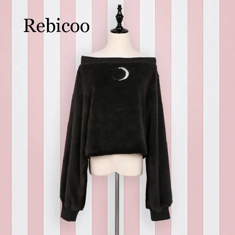 Harajuku Pullover Moon Hollow Out Embroidery Thick Fluffy Punk Sexy Women Short Sweatshirts Off Shoulder Loose Top Long Sleeve