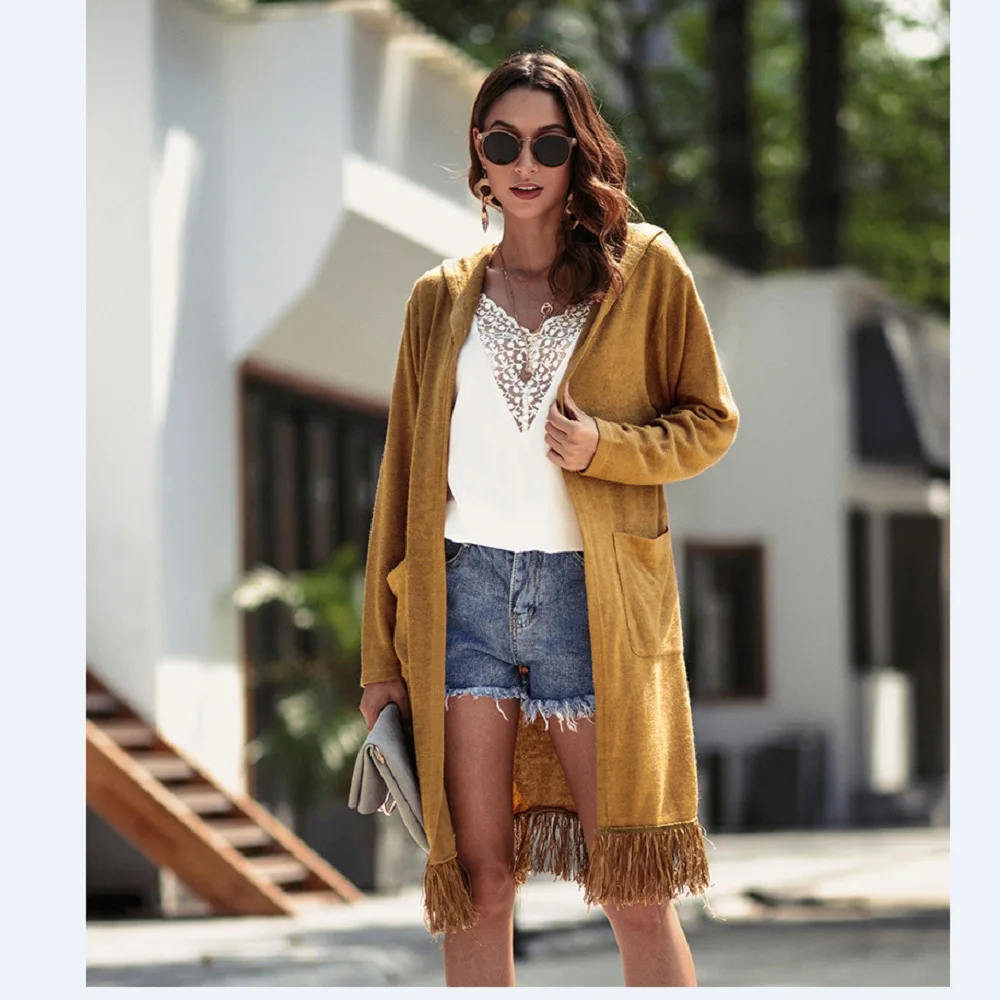 Wipalo Women Long Sleeve Tassel Long Cardigan Casual Solid Open Front