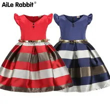 AiLe Rabbit/Новинка года, праздничное платье модное платье для девочек детское платье без рукавов с v-образным вырезом и поясом в полоску для детей от 3 до 10 лет