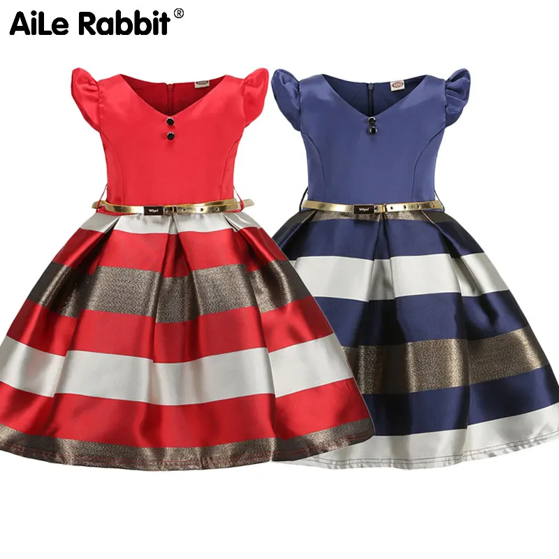 

AiLe Rabbit 2019 new party dress girls fashion dress striped button belt V-neck sleeveless children's dress 3-10 years