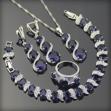 Azul Creado Zafiro Blanco Topaz 925 Plata de La Joyería Para Las Mujeres Pendientes/Anillos/Pendiente/Collar/pulseras Caja Libre