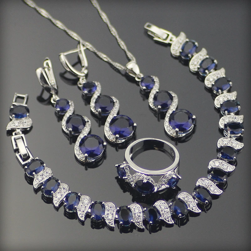 

Costume Silver 925 Jewelry Sets Women Earrings/Rings/Pendant/Necklace/Bracelets With Set Blue Zircon White Stones Free Box