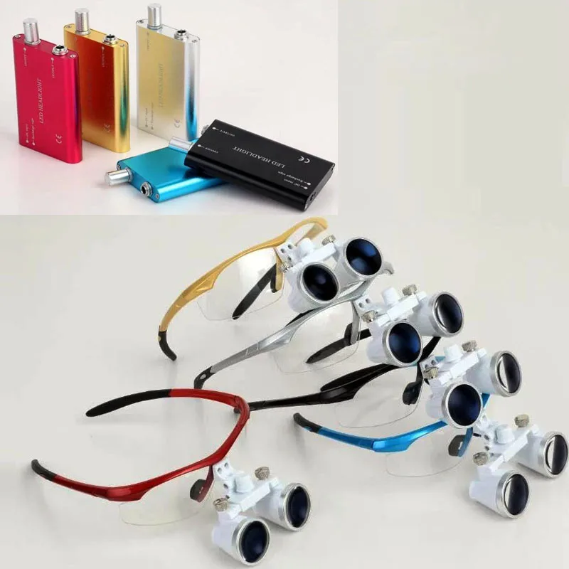 

CE Approved Aluminum Case Package Colorful 3.5X Surgical Loupes with LED Headlight 110-240V American Plug