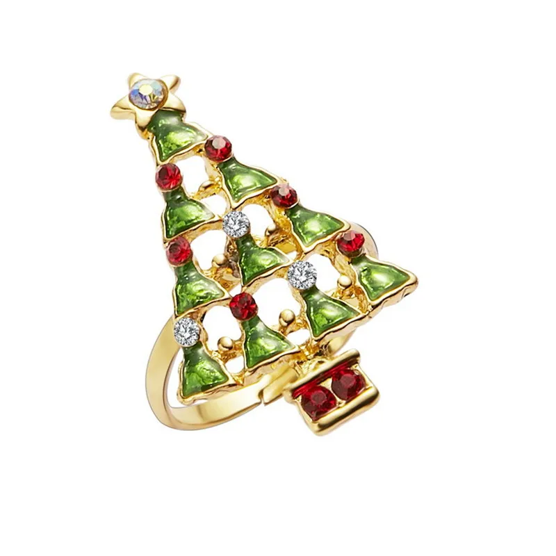 8Seasons Fashion Christmas Rings Open Gold Color Circles Green Red Rhinestone Tree Romantic Adjustable Gift 1 Piece | Украшения и