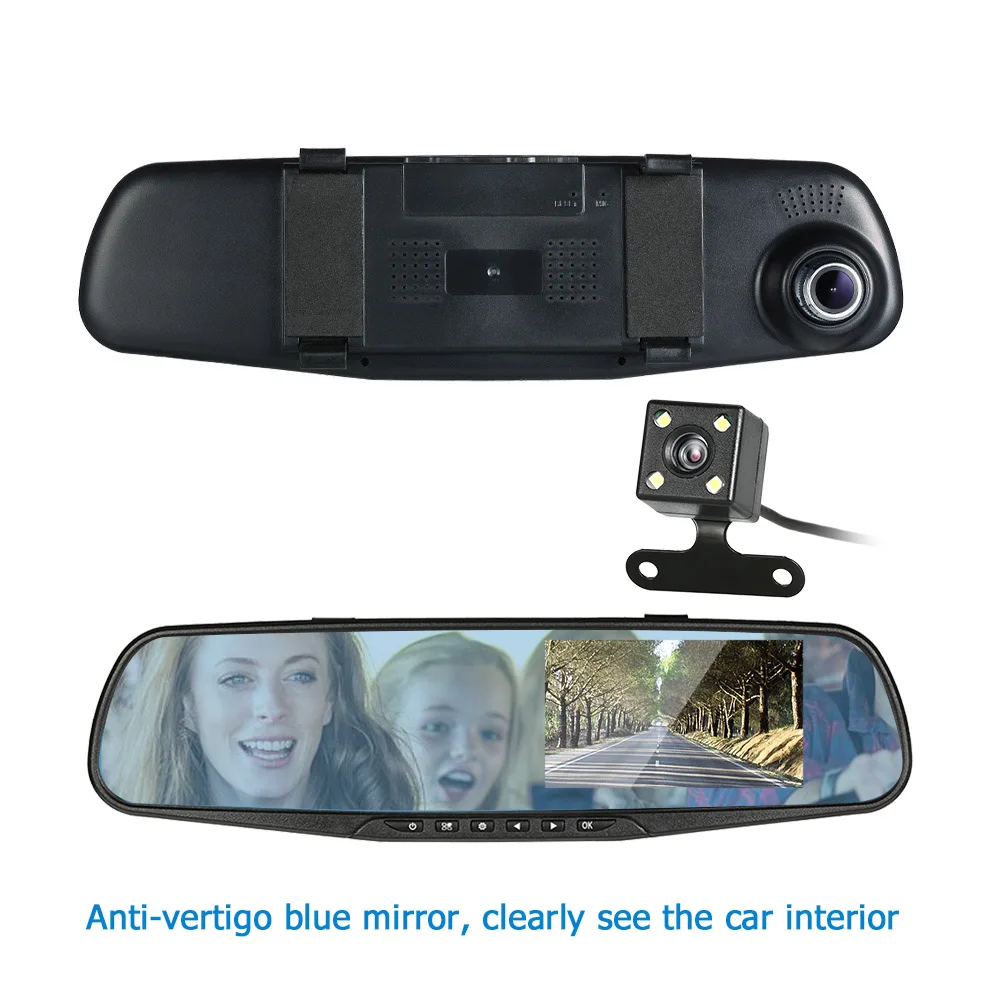 FHD 1080P 4.3'' Dual Lens Car DVR Rear View Mirror Dash Cam Video