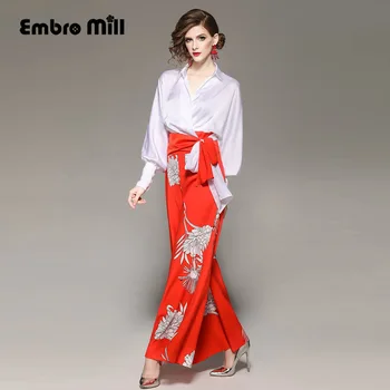 

Womens two piece set new arrival fashion V-neck Lantern sleeve Bow Lace shirt top + print Wide leg pants lady suit S-XL