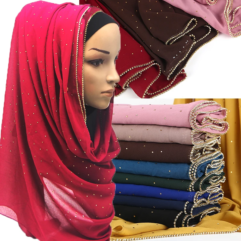 

1 pc Solid hijab scarf gold chain muslim scarves plain bubble chiffon crystal scarf wraps shawls fashion headband long scarves