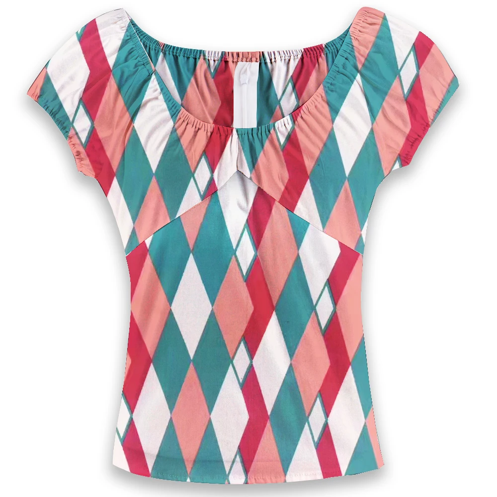 

2017 O-Neck Women Blouses Elegant Short Sleeve European Style Harlequin Printing Zipper Back Vintage 40s 50s Rock Women Tops