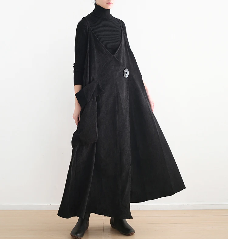 

New--2019 female new spring and autumn plus size literary corduroy irregular large swing straps long loose dress