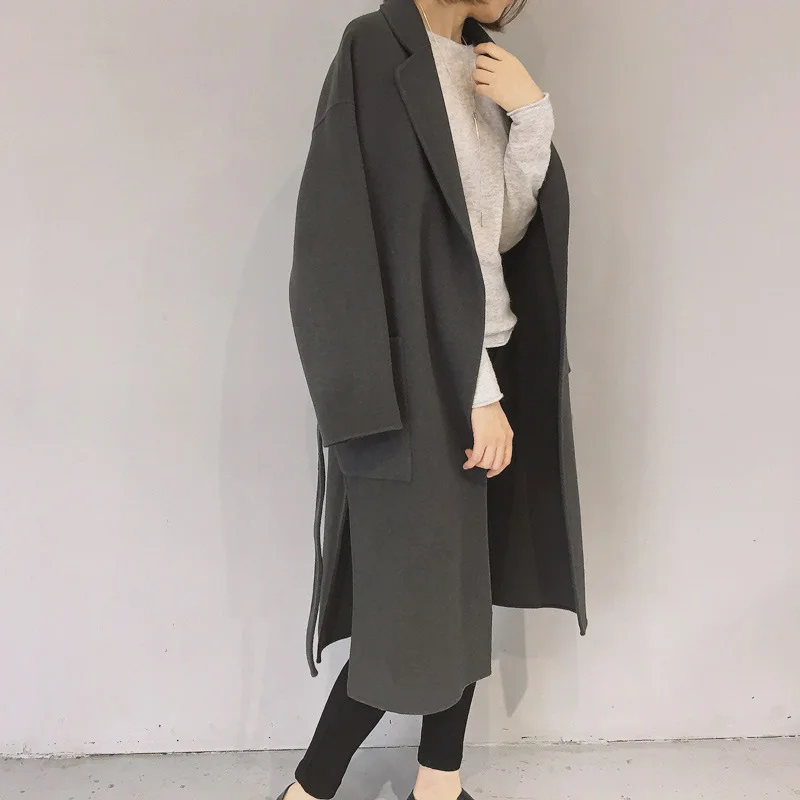 Повседневное свободное женское длинное пальто зимнее Однотонное шерстяное пальто с поясом и карманами с отложным воротником женские пальто
