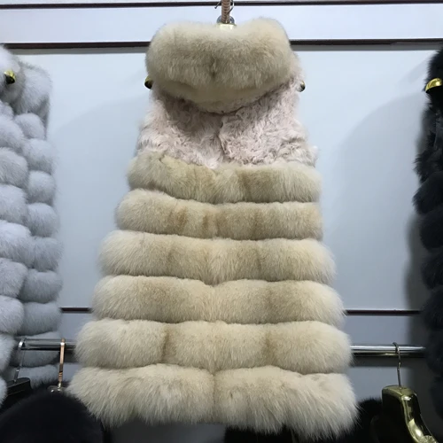 beige Натуральный Лисий Мех без рукавов пальто женское зимнее с капюшоном из натурального Лисьего меха жилет натуральный мех лисы и овечьей шерсти - Цвет: beige