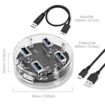 

4 Ports USB3.0 Transparent Desktop HUB With Rubber Anti-skid Pad Reserced External Power Supply Transparent Desktop HUB
