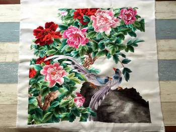 

Handmade Pure Finished Silk Embroidery Stitch Cloth Piece Gorgeous Arts Decor / Japanese Style Flower Birds Unique Gifts