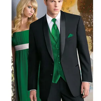

Custom Made Tailored men BESPOKE suit black mens suits tuxedo with satin lapel and green vest (Jacket+Pants+Vest+Tie+P Square)