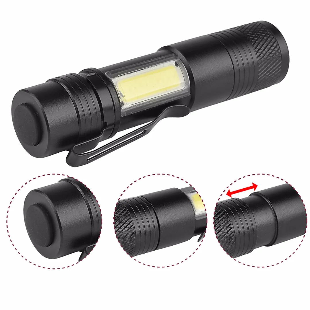 Mini Portable Super Bright XPE+COB LED Flashlight Rechargeable Zoomable