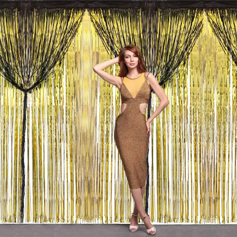 Beautiful 2pcs Metallic Foil Fringe Curtain Metallic Black Gold