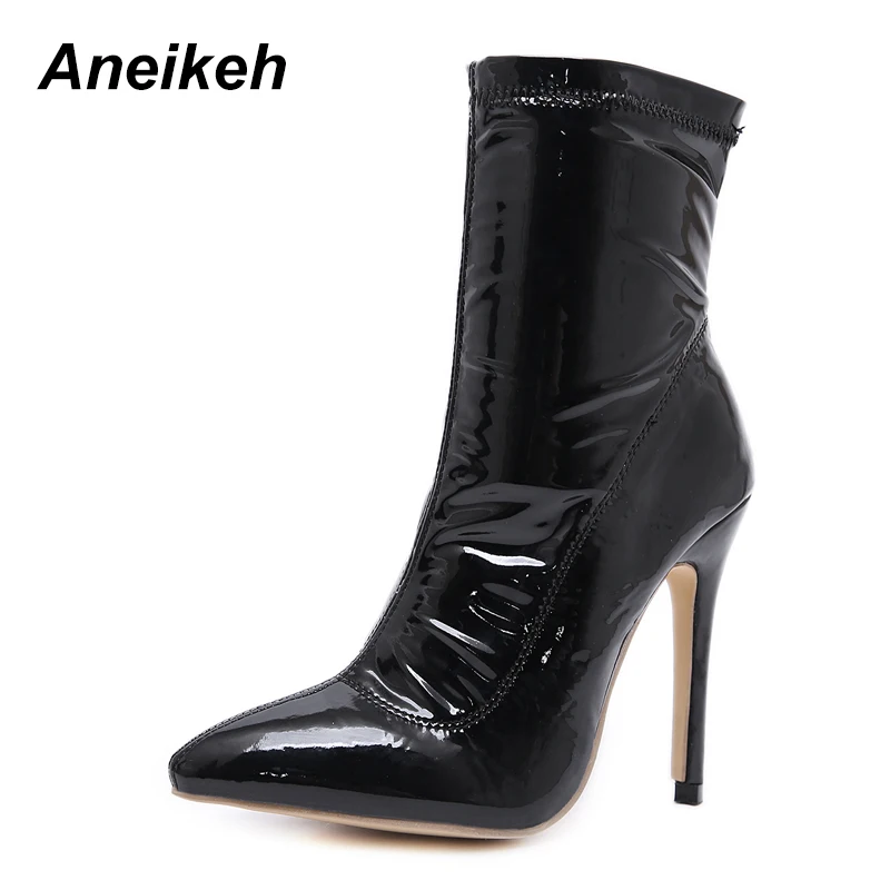 

Aneikeh 2018 New PU Patent leather High Heels Women Pumps Shoes Sexy Pointed Toe Motorcycle Boots Ladies Chelsea Boots Black