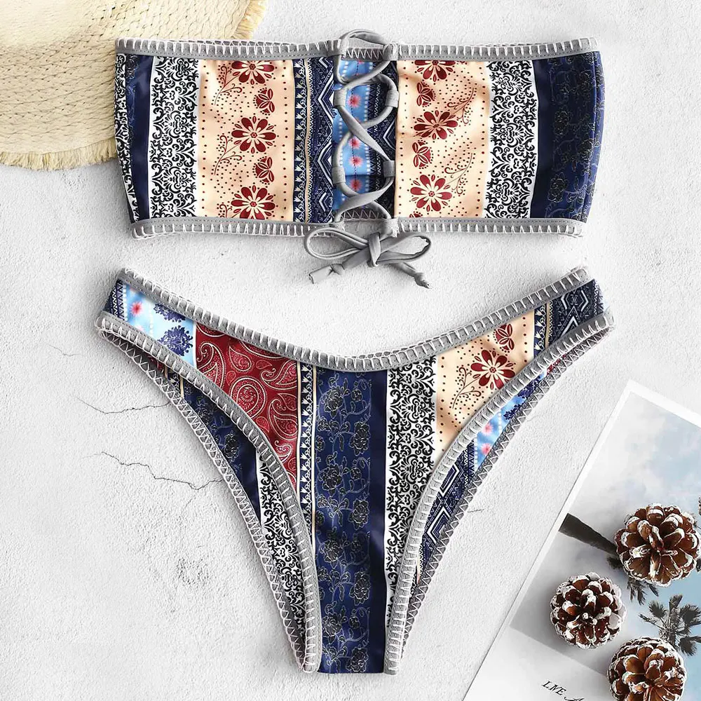 Billige ZAFUL Bikini Lace Up Blume Liebsten Bikini Set Push Up Niedrigen Taillierte Bademoden Frauen Feste Badeanzug Biquini Sexy Badeanzug