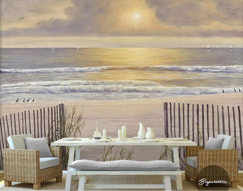3d обои для комнаты солнце экспозиция белый песчаный пляж деревянный забор вид на море пейзаж живопись фото 3d обои