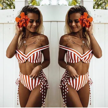

Women Stripe Low Cut Swimwear Bathing Suit Female Retro Push Up Off Shoulder High Waist Strappy Swimsuit For Beach Wear