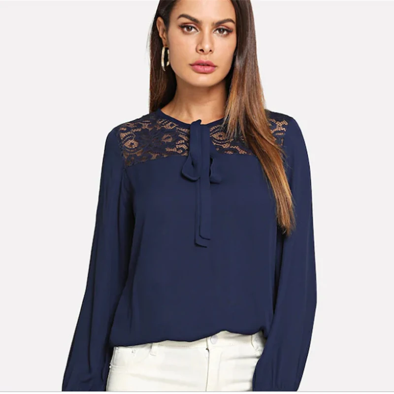 2019 Women Casual Tops Chiffon Long Sleeve Blouse Ladies Loose Shirts Female Blusas Sexy Lace Mesh Shirt Patchwork Embroidery