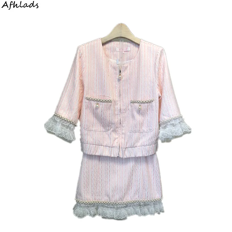 Spring new fashion small fragrance suit female beaded patchwork lace striped ladies style short skirt two-piece sets of tide Spring new fashion small fragrance suit female beaded patchwork lace striped ladies style short skirt two-piece sets of tide