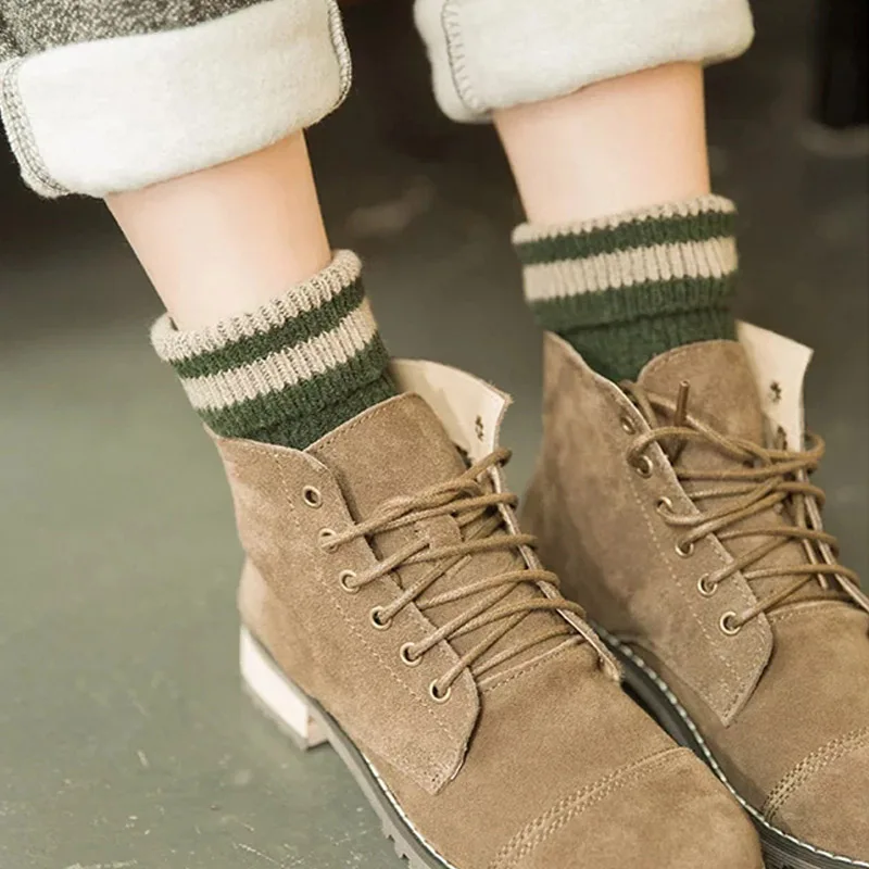 

Winter Warm Short Boot Socks for Women Casual Solid Cotton Striped Patterned Vintage Cozy Female Socks 1 Pack