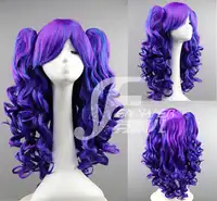 Lolita Wig Cosplay Halloween Blue Purple Gradual Color Long Body Wave Role Play Base Wig+ Ponytail Clips